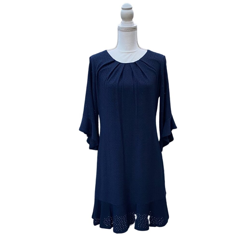 Navy Blue Dress with Pleated Neckline / Size 8